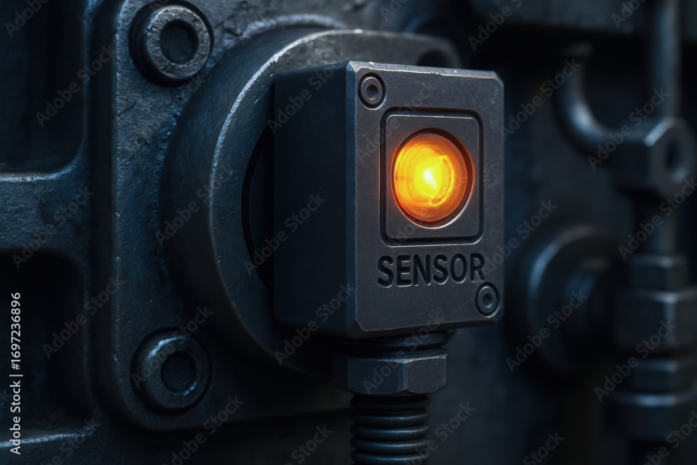 Poster sensor with glowing orange light on industrial machine for ai image processing in production and ind