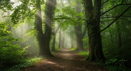 Sunlight streams through a misty forest path illuminating a tranquil woodland scene