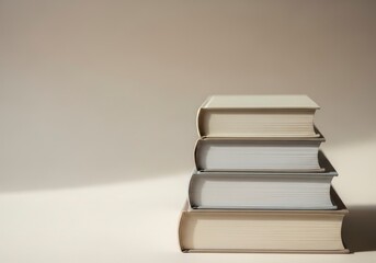 A stack of four neutraltoned hardcover books sidebyside against a soft background