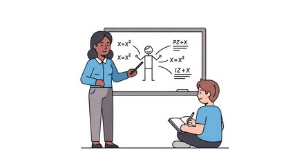 Fototapeta premium A teacher explains equations at a whiteboard as a student takes notes