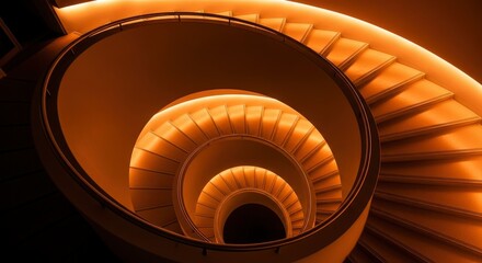 A warmly lit spiral staircase curves downward into darkness