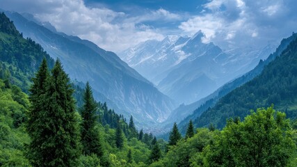 Sunset kayaking in valley misty mountain ridge evergreen forest tranquil river blue sky serene mood nature landscape adventure vibe