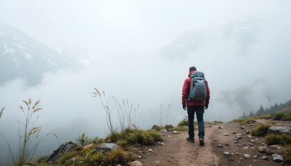 Fototapeta premium A lone traveler with a backpack walks through a misty mountain landscape in peaceful contemplation.