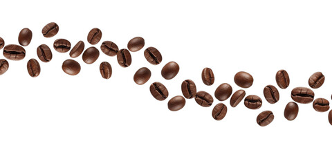 Scattered roasted coffee beans on a white background, perfect for a pattern or texture.