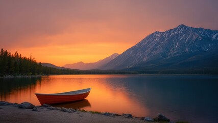 Sunset lake kayak serene valley mountain shore calm reflection orange sky peaceful