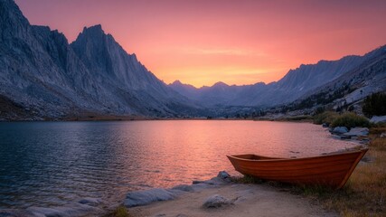 Sunset kayaking in valley lake calm water orange sky mountain range granite peak serene mood
