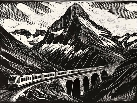Train crossing a mountain viaduct in woodcut illustration