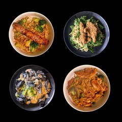 A collection of various Asian noodle dishes in separate bowls.