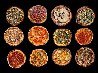 Top view of a collection of small, mini pizzas with various toppings on a black background.