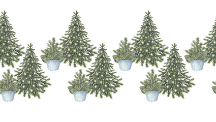 Watercolor seamless border with Christmas tree with gold garland on white background. Forest evergreen fir or pine for sticker or card. Hand-drawn rim for New Year celebration wrapping or wallpaper