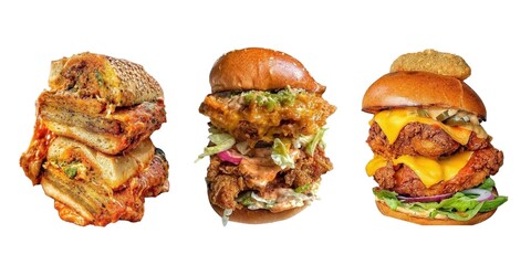 A collection of various burgers and fried chicken sandwiches on a white background.