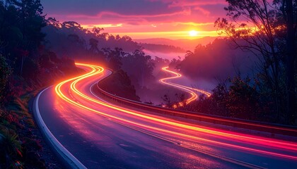 Winding road at sunset, vibrant colors, light trails