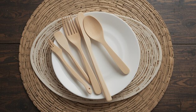 A simple, rustic table setting featuring wooden cutlery arranged atop a white plate and placemat.