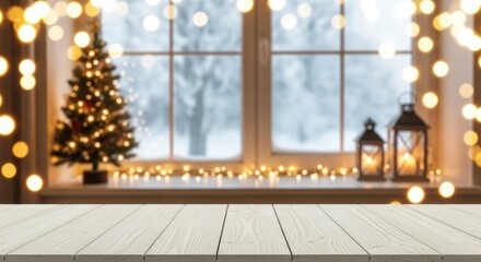 Christmas scene Bokeh lights frame a tree snowy window  lanterns above a wood table
