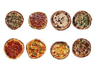 Top view of a collection of small, mini pizzas with various toppings on a black background.
