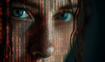Female face with matrix digital numbers artifical inelligence AI theme with huan face