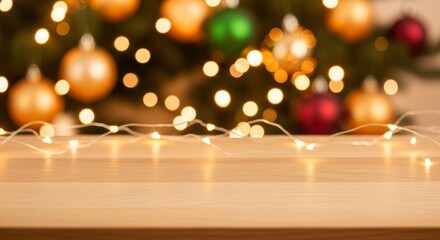 Christmas tree with blurred ornaments bokeh lights  a lightstrung wooden table
