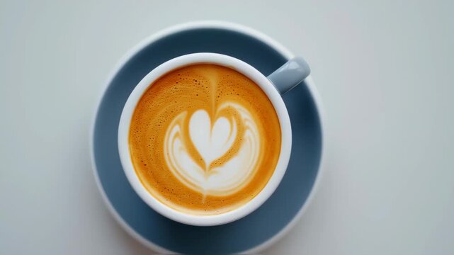 A latte art heart design in a white cup with a gray saucer, sits on a light gray surface