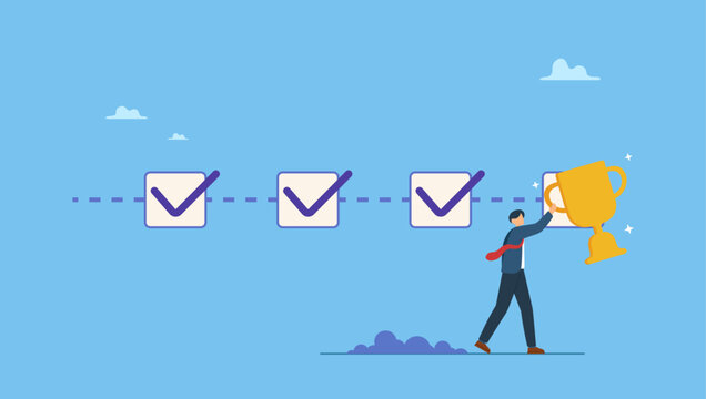 Success businessman holding winner trophy with habit checklist. Habits or routine to success, checklist or factors to succeed and achieve goal, winner progress, planning, procedure or process.