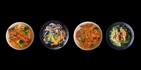 A collection of various Asian noodle dishes in separate bowls. A collection of delicious noodle dishes 