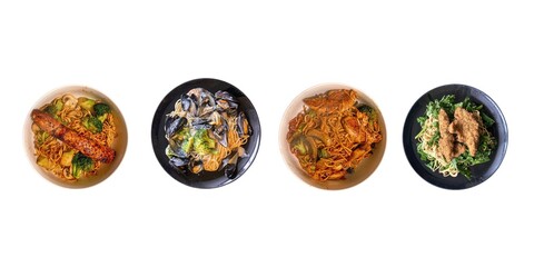 A collection of various Asian noodle dishes in separate bowls. A collection of delicious noodle dishes 
