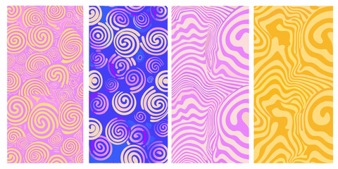 Four abstract vertical patterns featuring swirls and wavy lines in pastel and bold colors