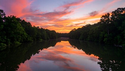 Spectacular sunset reflection on tranquil river amidst verdant forest setting