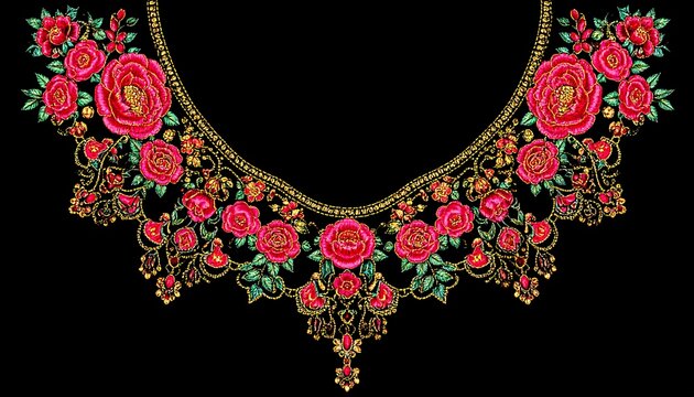 Ornate floral embroidery neckline design
