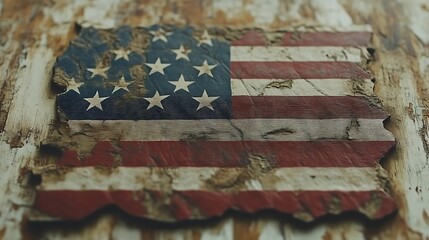A weathered, American flag image, partially covered in dirt and grime, affixed to a distressed wooden surface
