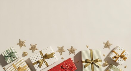 Gift boxes  gold star decorations arranged across the bottom on a light beige background