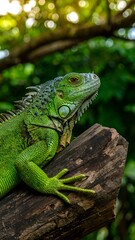 Close-up of a green iguana on a log