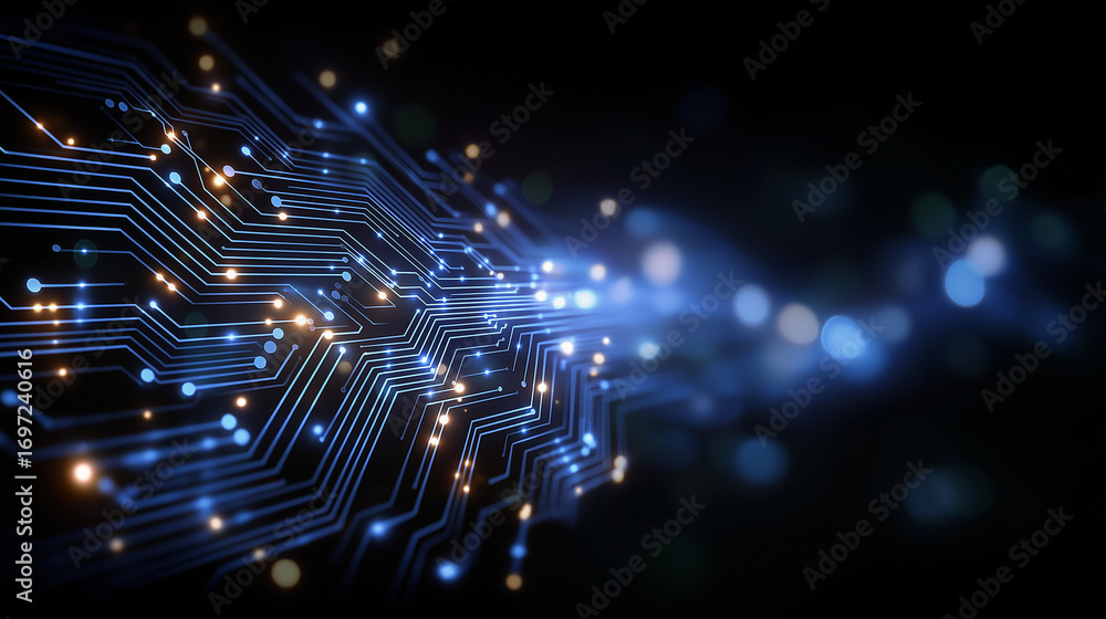 Poster illuminated circuit board: a close-up view of a high-tech circuit board, awash in a sea of vibrant, 