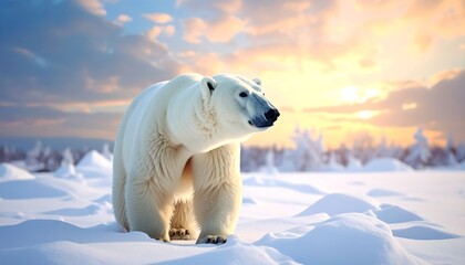 Majestic polar bear in a snowy landscape at sunrise