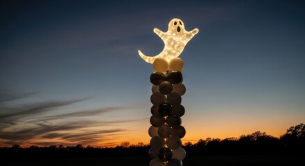 Illuminated ghost figure atop a balloon column against a twilight sky for halloween decoration theme