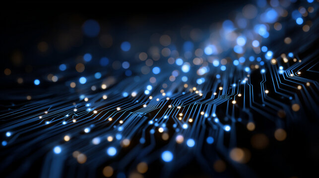 Digital Circuitry Symphony: An intricate network of luminous circuits, bathed in ethereal blue and gold light, exemplifies the cutting-edge advancements in technology.