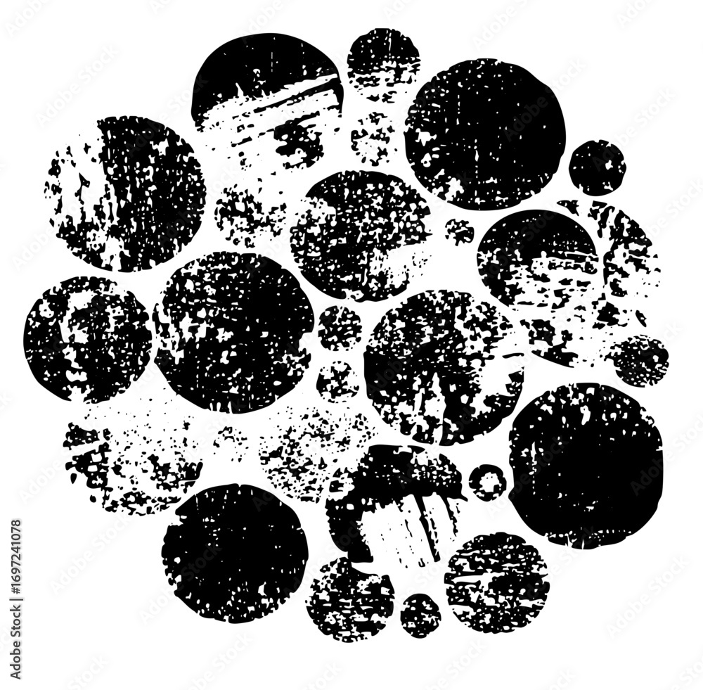 Poster vector abstract arrangement of distressed circular shapes.