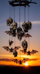 A spooky halloween wind chime with skulls and bats hanging against a sunset sky background scene view