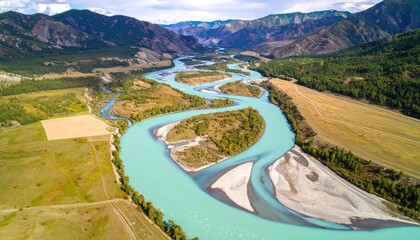 Aerial View of Braided Teal River with Tan Bars in Mountain Valley