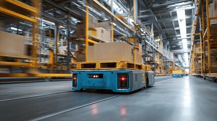 A robotic vehicle transports packages in a modern warehouse, showcasing automation and efficiency in logistics.