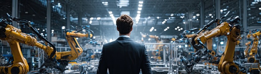Fototapeta premium A man in a suit observes advanced robotics in a modern industrial setting, highlighting the integration of technology in manufacturing.