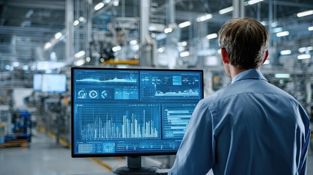 A technician monitors data on a large screen in a modern industrial facility, analyzing performance metrics and trends in real-time.