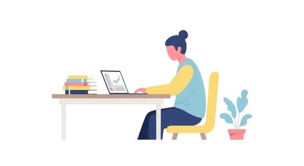 Person at desk working on laptop with books and plant