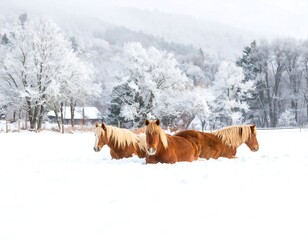 Three horses rest in a snowy landscape.  Winter wonderland scene with frosted trees and snow-covered ground