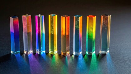 Upright Acrylic Prisms Displaying Refractive Bands Of Color On Black Surface Highlighting Light And Spectrum
