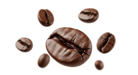 Several scattered coffee beans including a large detailed center bean