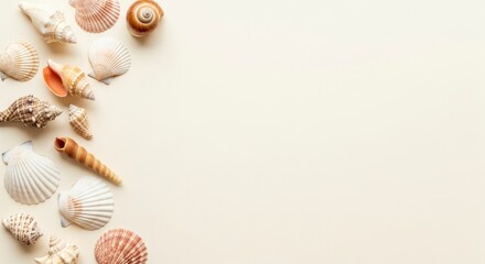 Shells on a beige surface with some arranged along the left side