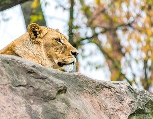 Lioness resting on a rock overlooking a blurred background