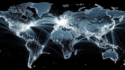A world map with glowing cities and connecting lines illustrating global network connections - Powered by Adobe