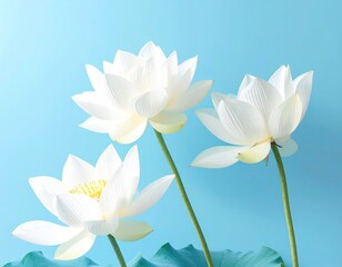 Fototapeta premium Three pristine white lotus flowers against a light teal background. Delicate petals and stamens, slender stems, and a gentle light