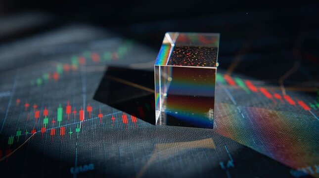 Clear prism refracting light on a stock chart background casting colorful shadows on the surface